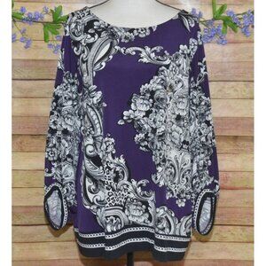 Alfani Womens Purple Puff Sleeve Floral Blouse Plus Size 2X Scoop Neck Career